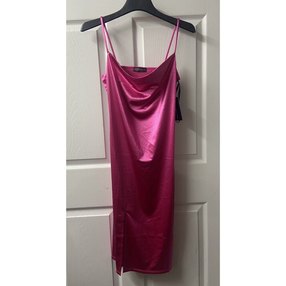 Liz and Sarah Satin Dress Womens Large Knee Length Front Slit Strappy Sheath NWT